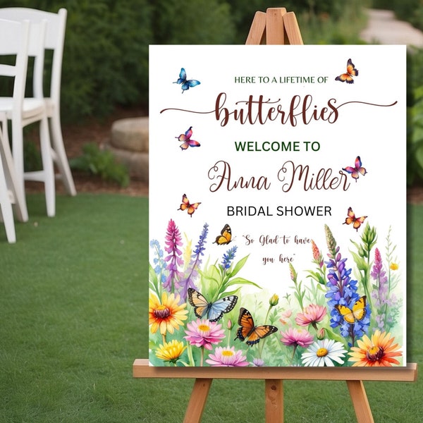 Butterfly Bridal Shower Sign,Wildflowers Bridal Shower Sign, Here's To A Lifetime Of Butterflies Welcome Sign,Bachelorette Party Decor