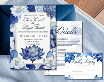 Blue and white wedding invitation,Lotus Wedding Invitation,Chinoiserie Wedding Template,Asian Wedding Invitation,Wedding Invitation Set