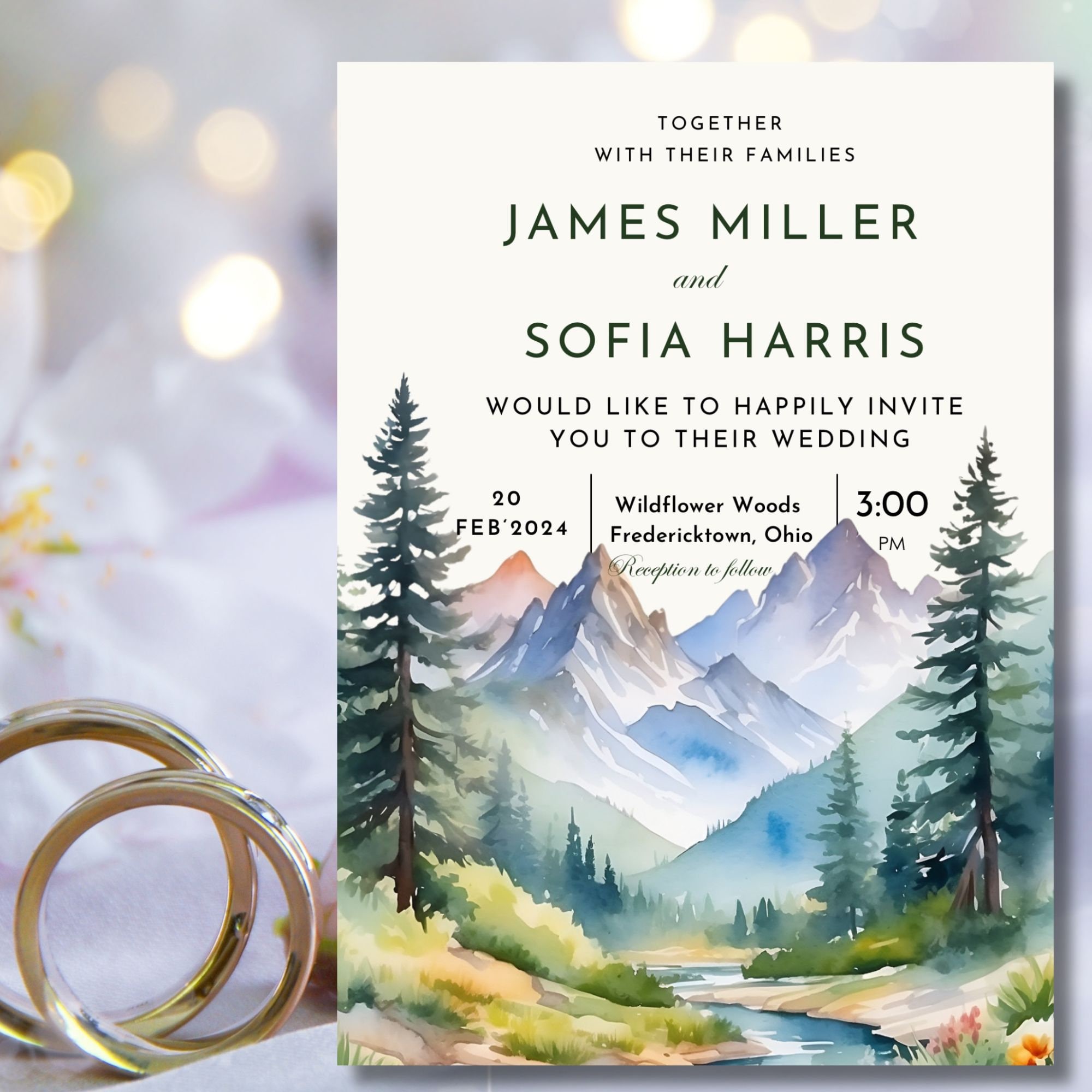 Printable Mountain Wedding Invitation Template Set lake Mountains