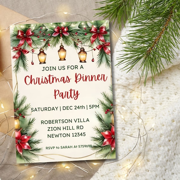 Christmas Dinner Party Invitation Template, Christmas Party Invitation, Holiday Party Evite, Editable Christmas Dinner Invite Download