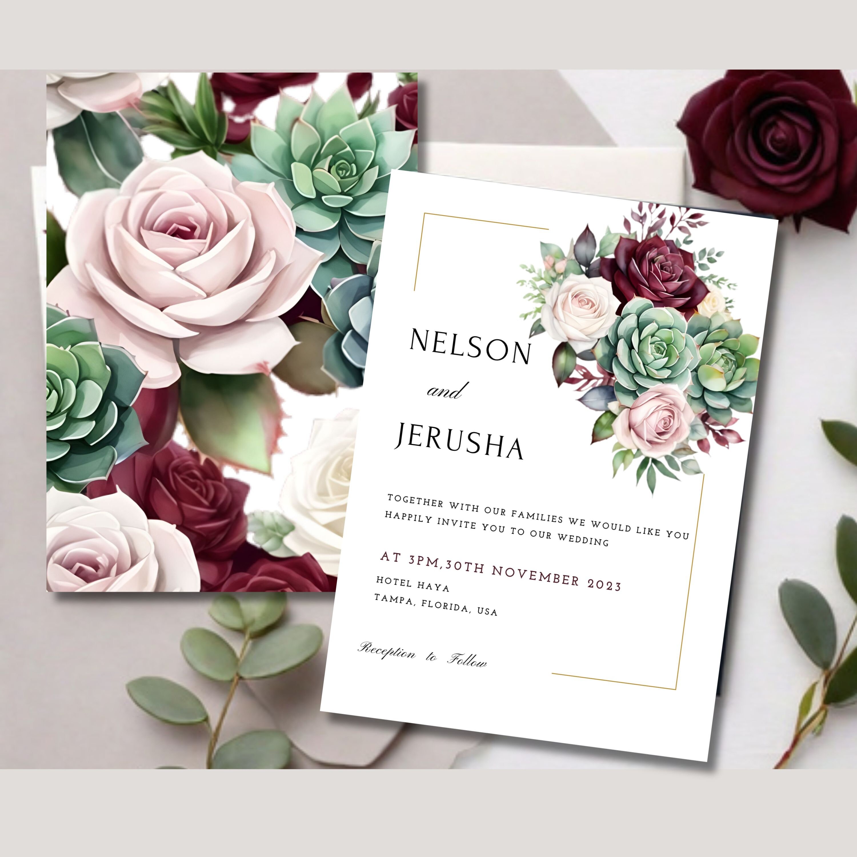Succulent Wedding Invitation Suite,minimalist Wedding Invitation Bundle ...