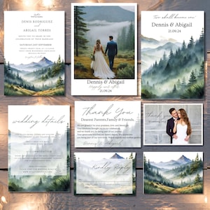 Ensemble de faire-part de mariage dans la montagne, suite de faire-part de mariage dans la forêt de pins, faire-part de mariage dans la forêt des montagnes brumeuses