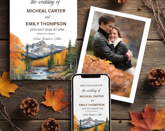 Può includere: Un cartoncino save the date e uno smartphone che mostrano un annuncio di matrimonio per Micheal Carter ed Emily Thompson il 25 ottobre 2026 ad Aspen, Colorado, con un'illustrazione di paesaggio montano e una foto di una coppia.