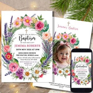 Faire-part de baptême floral pour fille, modèle modifiable de baptême de bébé, faire-part de baptême imprimable, faire-part de dédicace de bébé