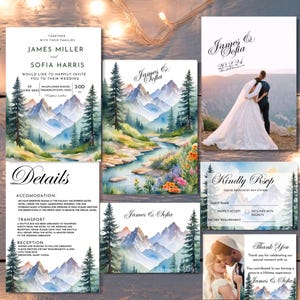 Mountain Wedding Invitation Template: Lake & Pine Tree Design (Digital Download)