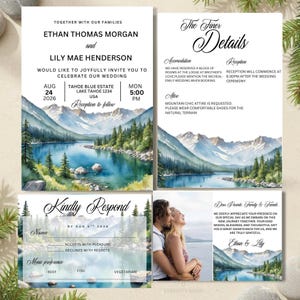 May include: A wedding invitation suite featuring watercolor mountain and lake landscapes. Includes an invitation with names Ethan Thomas Morgan and Lily Mae Henderson, a details card, a response card, and a thank you card with a couple's photo.