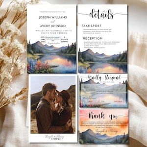 Berghochzeitseinladungs-Set, Hochzeitseinladungsbündel See-Gebirge, Hochzeitseinladungsbündel Ziel, Bergsee-Landschaft Hochzeit