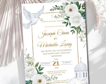 Christian Wedding Invitation Template: Floral Dove Design (Digital Download)