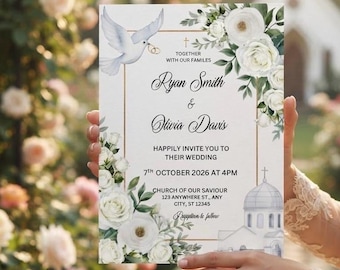 May include: A wedding invitation card featuring a white dove holding gold rings, white roses, and a church illustration. The text reads: Together with our families, Ryan Smith & Olivia Davis, happily invite you to their wedding, 7th October 2026 at 4pm.