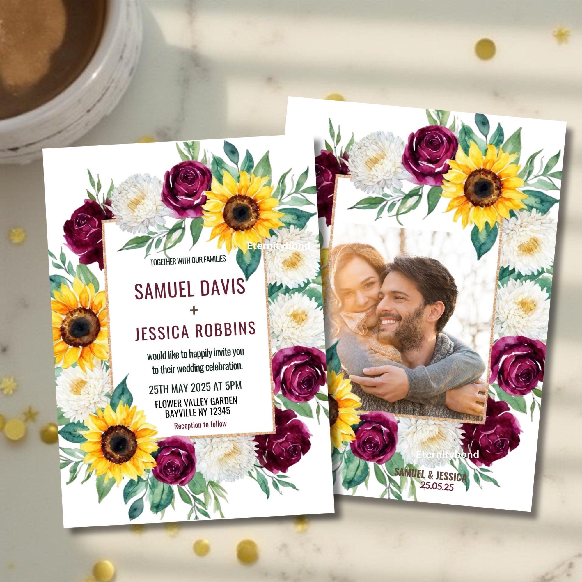 Plantilla de invitación de boda con girasoles y rosas burdeos (descarga digital)