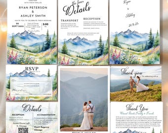 Paquete de invitaciones de boda en la montaña: paisaje de bosque de pinos y flores silvestres