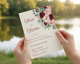 Burgundy Blush Floral Wedding Invitation, Watercolor Design (Digital Download