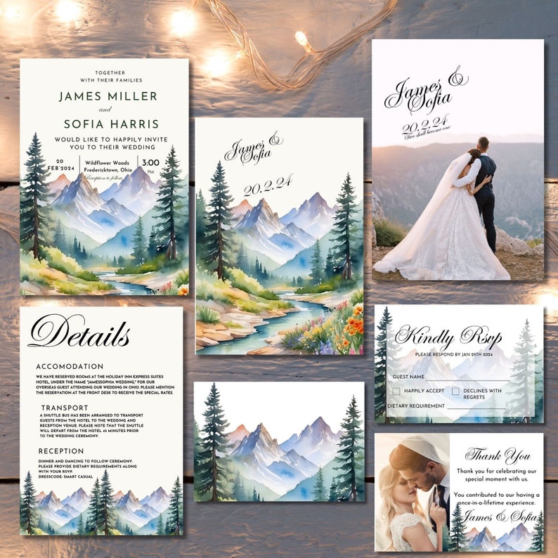 Printable Mountain Wedding Invitation Template Set lake Mountains