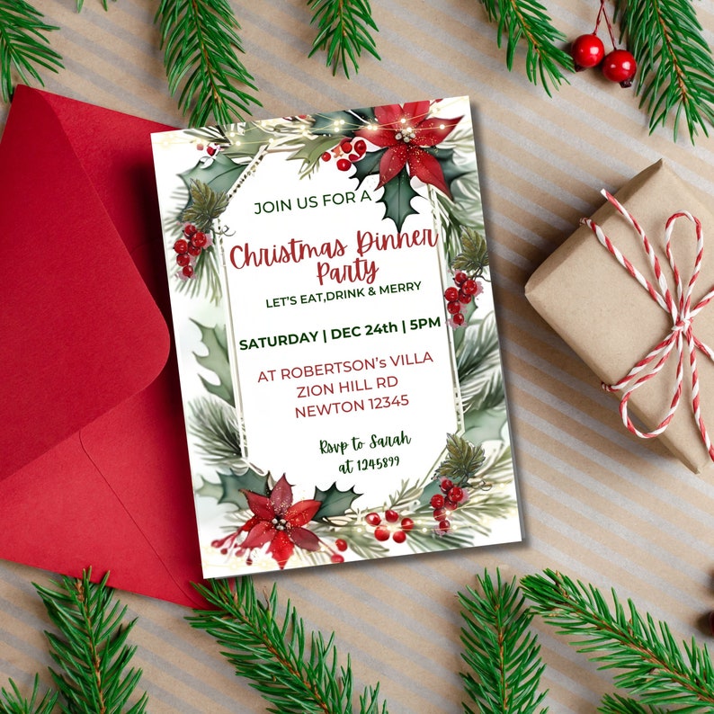 Christmas Dinner Party Invitation Template,christmas Dinner Invitation