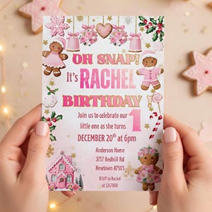 Pink Gingerbread Oh Snap! Birthday Invitation, Girls Christmas Party (PNG, JPG)