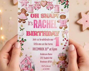 Pink Gingerbread Oh Snap! Birthday Invitation, Girls Christmas Party (PNG, JPG)