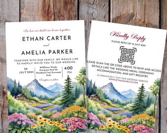 May include: Wedding invitation with a watercolor illustration of a mountain landscape with wildflowers and a cabin. The invitation is for Ethan Carter and Amelia Parker, and the wedding is scheduled for July 20, 2025 at 4:00 PM. The invitation also includes a QR code for RSVP and access to wedding details.