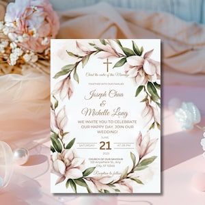 Plantilla de invitación de boda cristiana, invitación de boda católica, invitación de boda con versículo bíblico, invitación de boda de la iglesia, invitación de boda cristiana editable