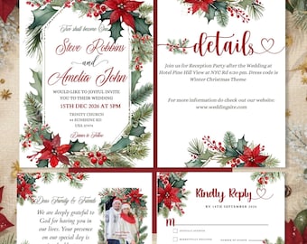 May include: A wedding invitation suite featuring watercolor poinsettias, holly, and pine branches. The cards include text for Steve Robbins and Amelia John, a reception details card, a thank you note with a photo, and a reply card with a date.
