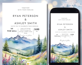 Invitación de boda de montaña: Paisaje de acuarela (descarga digital)