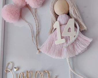 Macrame doll as birthday gift with baloons and wired name