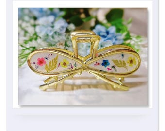 Handmade Pressed Flower Bow Hair Claw: Unique Metal Hair Clip