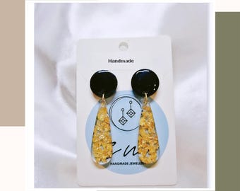 Handmade Resin Dangle Earrings: Black Circle, Gold Leaf, Sterling Silver