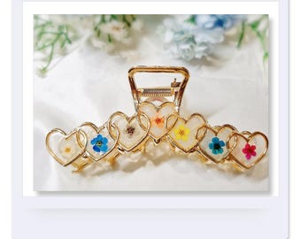 Handmade Heart Hair Claw: Pressed Flowers, Gold Metal Hair Clip