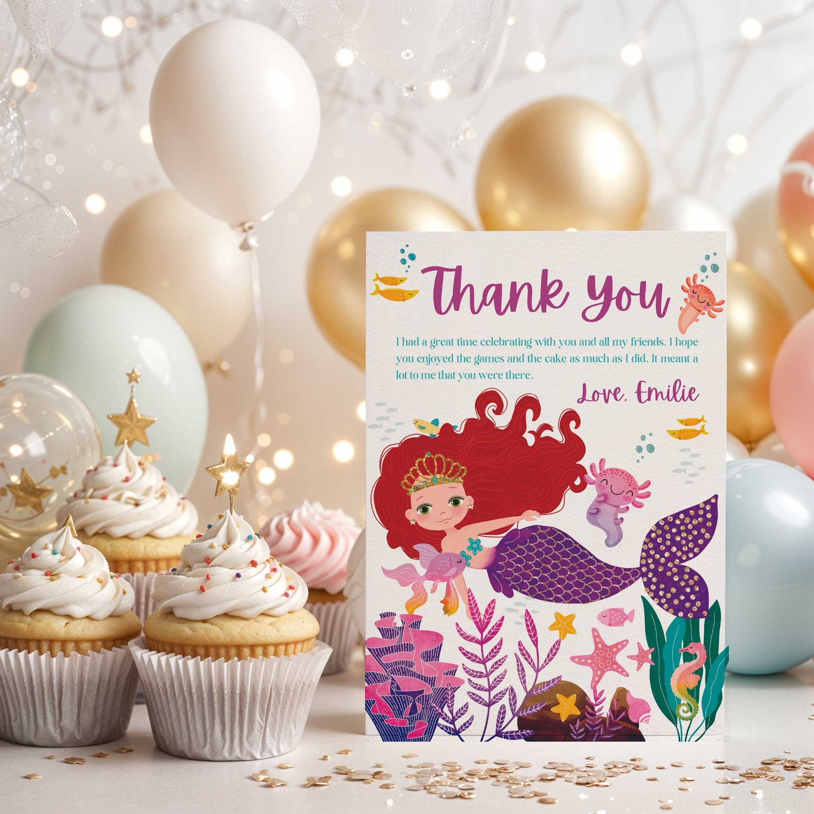 Editable Mermaid Birthday Thank You Card Mermaid Thank You Note Under ...
