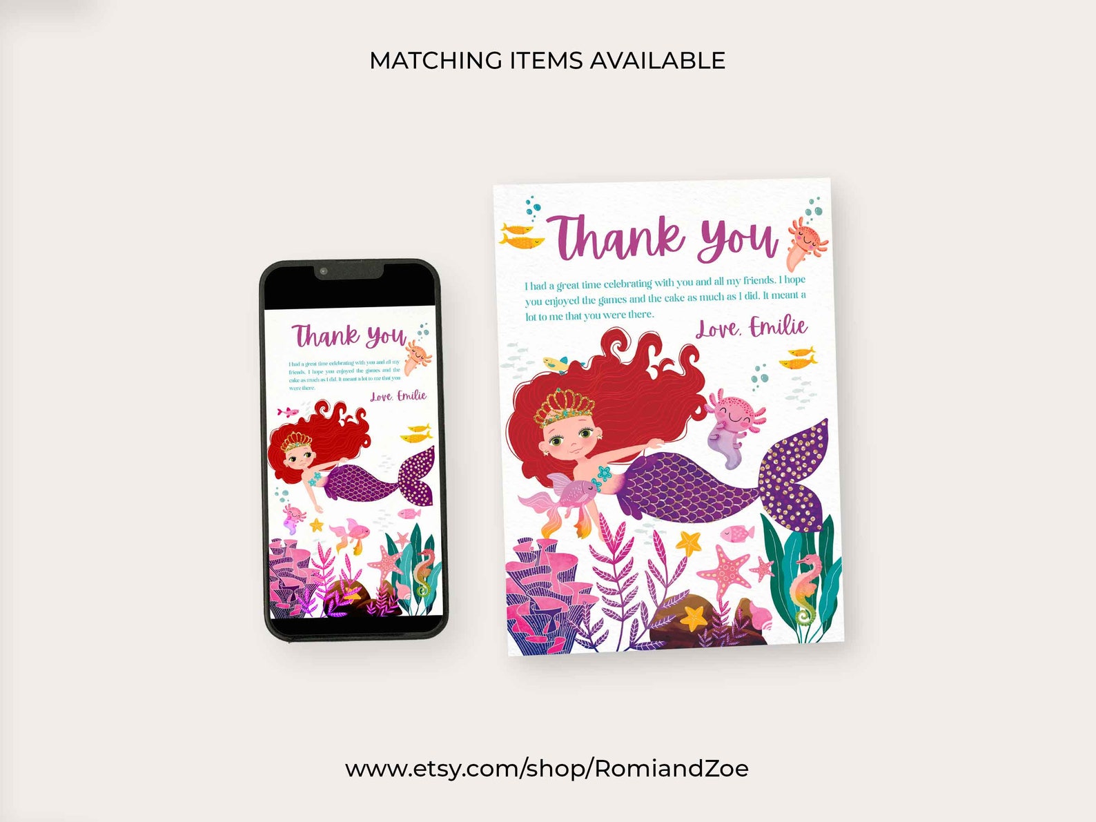 Editable Mermaid Birthday Thank You Card Mermaid Thank You Note Under ...