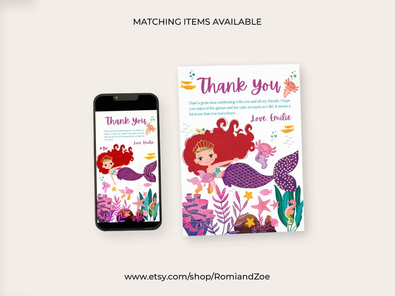 Editable Mermaid Birthday Thank You Card Mermaid Thank You Note Under ...