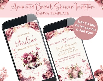 May include: A digital invitation for a bridal shower with a floral theme. The invitation features a pink and white floral design with a teacup and saucer. The text on the invitation reads "Join us for Amelia's Bridal Shower".