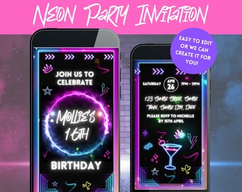 Neon Party Invitation, 16th Birthday Invitation, 21st Birthday Party Invitation, Cool Video Invitation, Animated Invitation. Teenagers Party