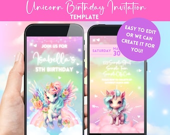 Unicorn Birthday Invitation, Unicorn Party Invitation, Editable Unicorn Invitation, Unicorn Video Invitation, Unicorn Phone Invitation
