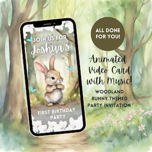 Woodland Rabbit Kids Birthday Invitation Video, Forest Animal Theme, Digital Invitation, Birthday Party, Cute Bunny, Personalised, Evite