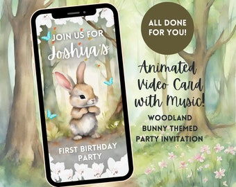 Woodland Rabbit Kids Birthday Invitation Video, Forest Animal Theme, Digital Invitation, Birthday Party, Cute Bunny, Personalised, Evite