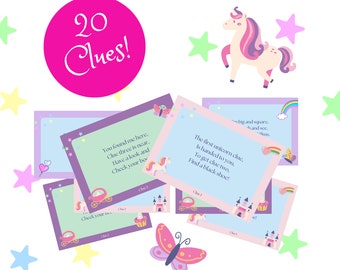 Treasure Hunt Unicorn Theme Printable | 20 Clues and Guide | Kids Activity Digital PDF Download | Instant Download