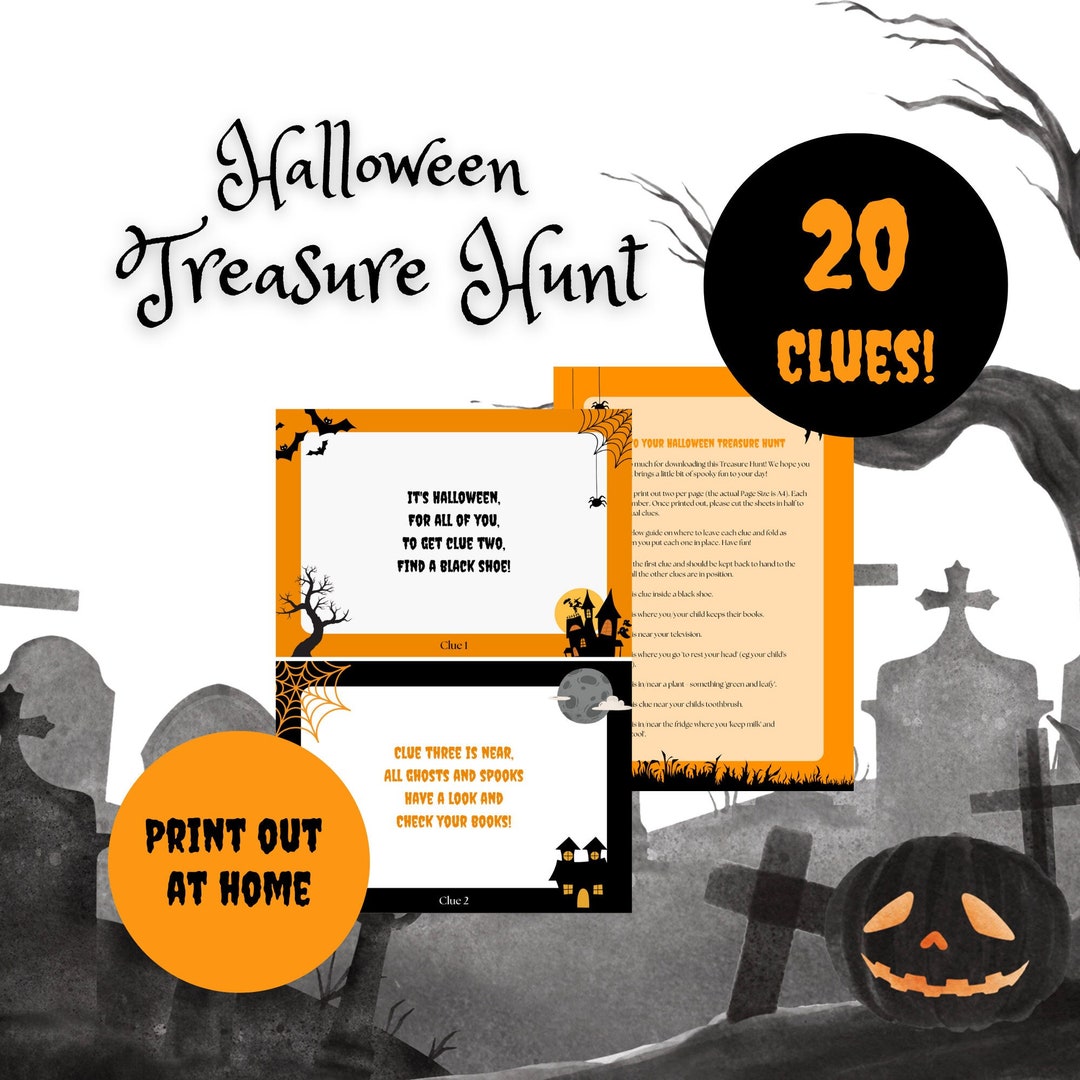 Treasure Hunt Halloween Theme Printable | 20 Clues and Guide | Kids ...