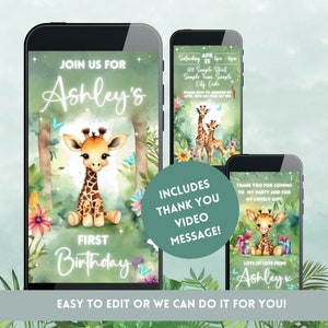Giraffe Birthday Invitation, Jungle Invitation, Digital Invite, Birthday Party, 1st Birthday, Safari Invitation, Kids Birthday Invitation