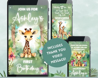 Giraffe Birthday Invitation, Jungle Invitation, Digital Invite, Birthday Party, 1st Birthday, Safari Invitation, Kids Birthday Invitation