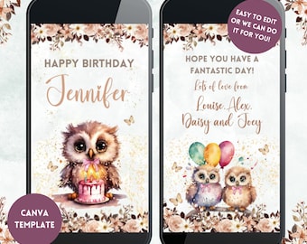 Cute Owl Birthday Card Video, Owl Birthday Card, Digital Birthday Card, Owl Video Card, Personalised Birthday Card, E-Card
