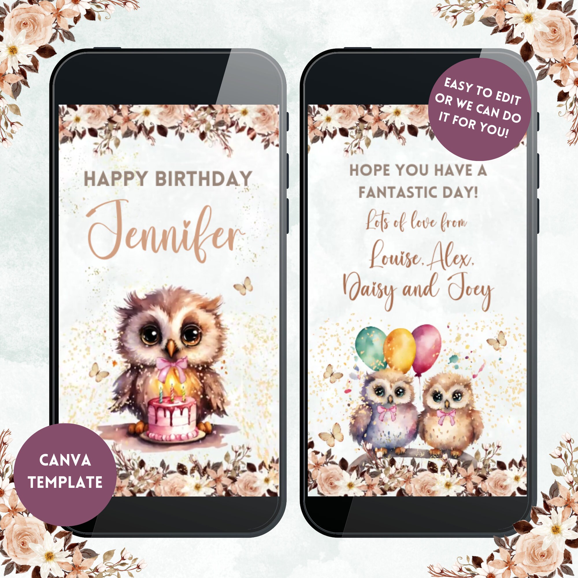 Cute Owl Birthday Card Video, Owl Birthday Card, Digital Birthday Card, Owl Video Card, Personalised
