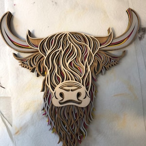 Laser cut multicoloured grey highland cow layered wall art plaque