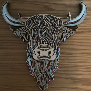 Laser Cut Multicoloured Highland Cow layered wall art plaque