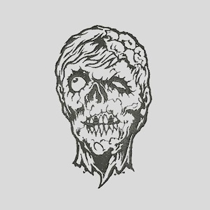 Può includere: Illustrazione in bianco e nero a linea di arte di una testa di zombie con un occhio aperto e l'altro chiuso. Il cervello dello zombie è visibile sul lato destro della testa.