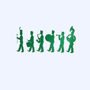 May include: A line of green silhouette figures of musicians marching in a parade. The musicians are playing instruments such as a drum, saxophone, trumpet, and tuba.