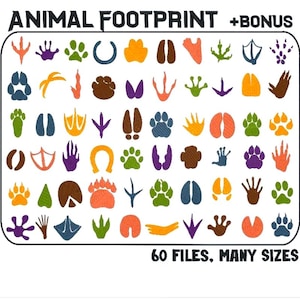 Könnte beinhalten: Eine digitale Sammlung mit dem Titel ANIMAL FOOTPRINT +BONUS, die ein Raster aus 60 bunten, gestickten Tierspuren-Symbolen in verschiedenen Formen und Größen zeigt, darunter Pfotenabdrücke und Hufe, mit dem Text 60 FILES, MANY SIZES.