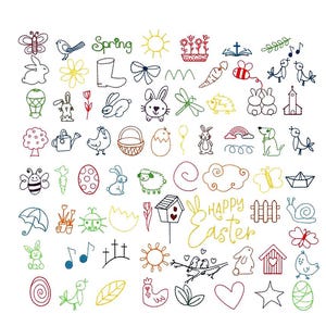 Mega Conjunto de Mini Arquivos de Bordado Doodle de Páscoa para Máquinas de Bordar: 70 Motivos, quase todos com menos de 3 cm, Arte Linear em Ponto Vermelho