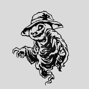Op de afbeelding: Zwart-witte illustratie van een griezelige, spookachtige figuur met een brede hoed en een ondeugende grijns. De figuur lijkt een geest of spook te zijn, met een vloeiende, etherische vorm.