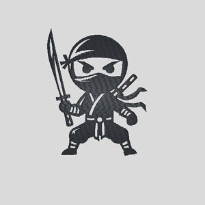 May include: A black and white illustration of a ninja holding a sword. The ninja is wearing a mask and has a serious expression on its face.